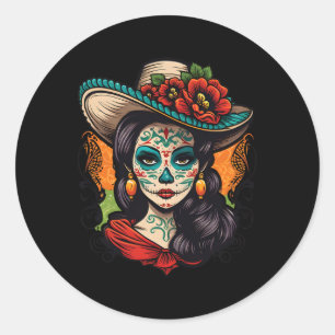 Pegatina Redonda Las mujeres de la Catrina Dia de los Muertos Latin