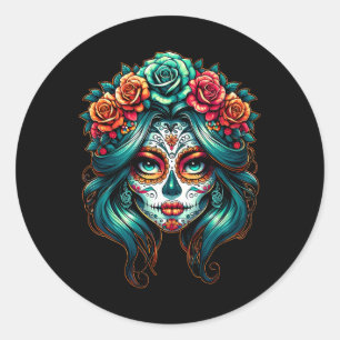 Pegatina Redonda Las mujeres de La Catrina Dia De Los Muertos Latin