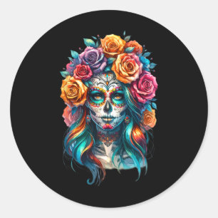 Pegatina Redonda Las mujeres de La Catrina Dia De Los Muertos Latin