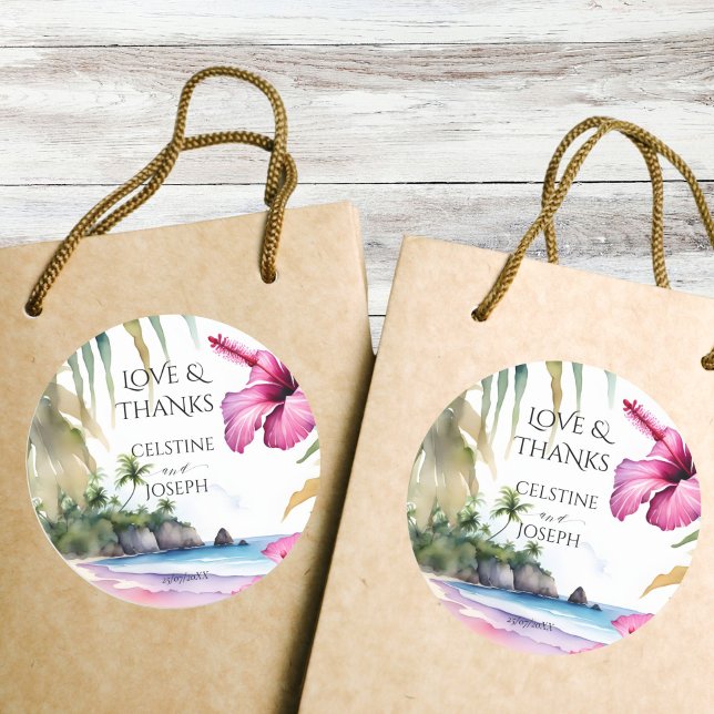 Pegatina Redonda Las palmeras tropicales de la playa boda gracias p (Tropical beach palms wedding thank you favor stickers destination island wedding favor stickers)