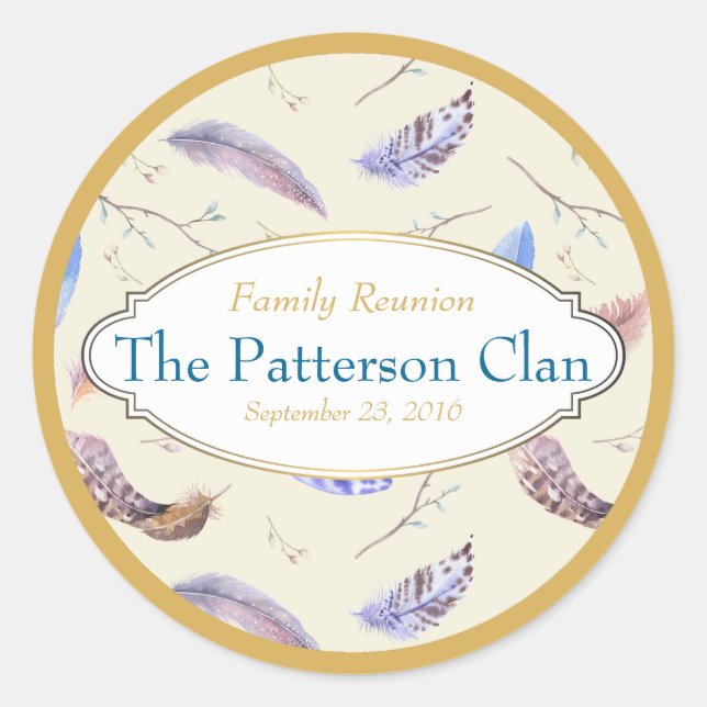 Pegatina Redonda Las plumas acuarelas con una unión de marcos flota (Anverso)