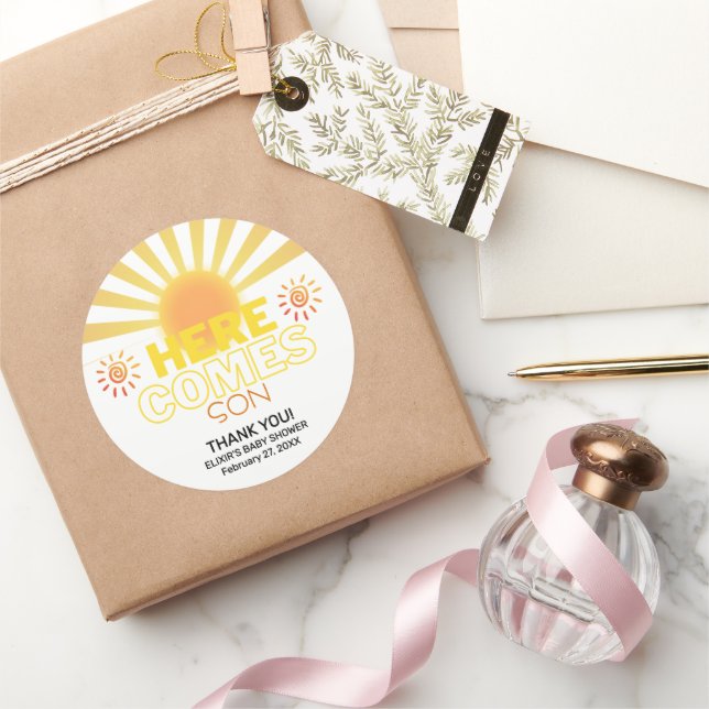 Pegatina Redonda Las Rayas Amarillas Aquí Vienen El Baby Shower Del (Regalar)