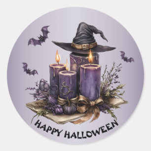 Pegatina Redonda Las velas púrpuras de Halloween dan miedo