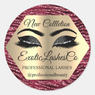 Pegatina Redonda Lash Packaging Makeup Artist Gold Eyes Burgundy