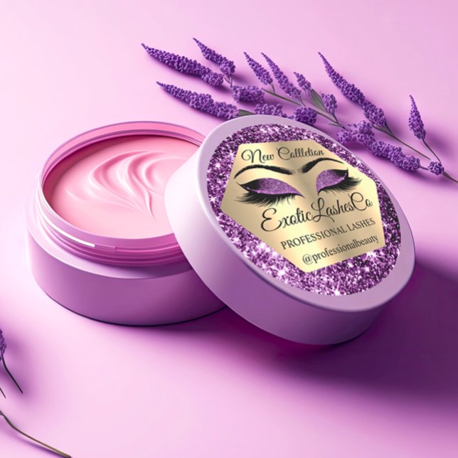 Pegatina Redonda Lash Packaging Makeup Artist Gold Purple Eyes (Lash Packaging Makeup Artist Gold Purple Eyes Classic Round Sticker)