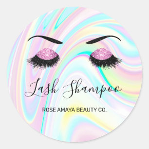 Pegatina Redonda Lash Shampoo Purpurina púrpura Ojos Pastel Hologra