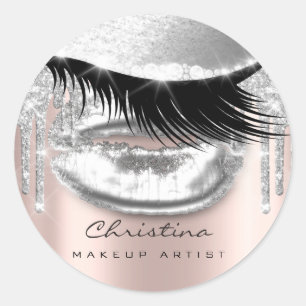 Pegatina Redonda Lashe Sparkly Gray, Purpurina del artista del maqu