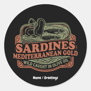 Pegatina Redonda Lata de sardina mediterránea vintage Retro Seacute