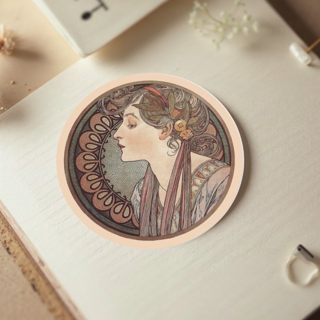 Pegatina Redonda Laurel de Alphonse Mucha Classic (Subido por el creador)