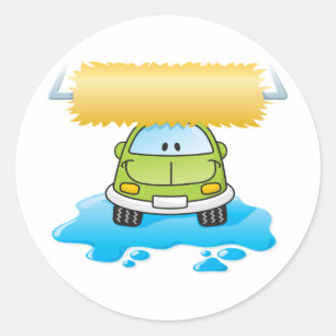 Pegatina Redonda Lavado de coche de dibujos animados verde coche fe