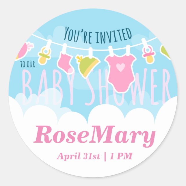 Pegatina Redonda Lavadora linda de Baby Shower (Anverso)