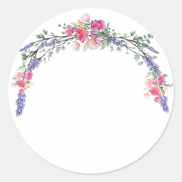 Pegatina Redonda Lavanda acuática Rosa salvaje rosa y eucalipto