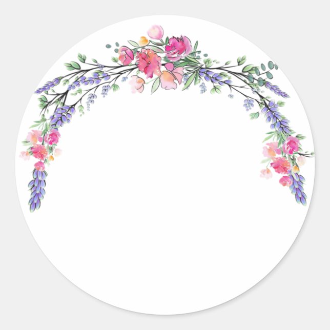 Pegatina Redonda Lavanda acuática Rosa salvaje rosa y eucalipto (Anverso)