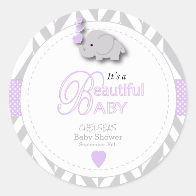 Pegatina Redonda Lavanda, Baby Shower de Elefante Gris Blanco (Anverso)