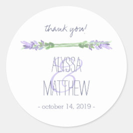 Pegatina Redonda Lavanda francesa acuarela sobre Boda blanco