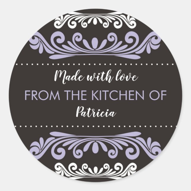 Pegatina Redonda Lavanda Negro Hecho Con Amor Desde La Cocina De (Anverso)