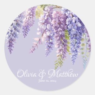Pegatina Redonda Lavanda púrpura acuarela glicinia floral lilac