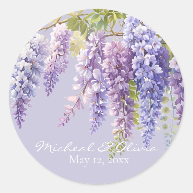 Pegatina Redonda Lavanda púrpura acuarela glicinia floral lilac (Anverso)