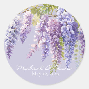 Pegatina Redonda Lavanda púrpura acuarela glicinia floral lilac