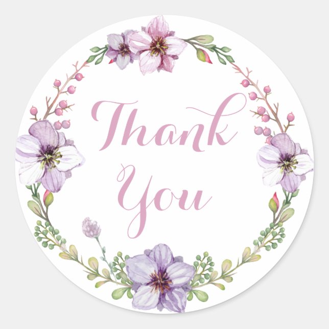 Pegatina Redonda Lavanda Púrpura Gracias Wreath Floral Acuarela (Anverso)