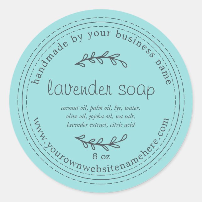 Pegatina Redonda Lavanda Rusa Hecha A Mano Jabón Azul Turquesa (Anverso)