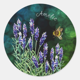 Pegatina Redonda Lavanda y abejorro pintados con acuarelas