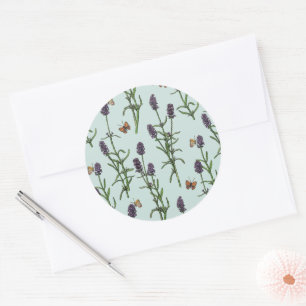 Pegatina Redonda Lavanda y mariposas en vidrio marino