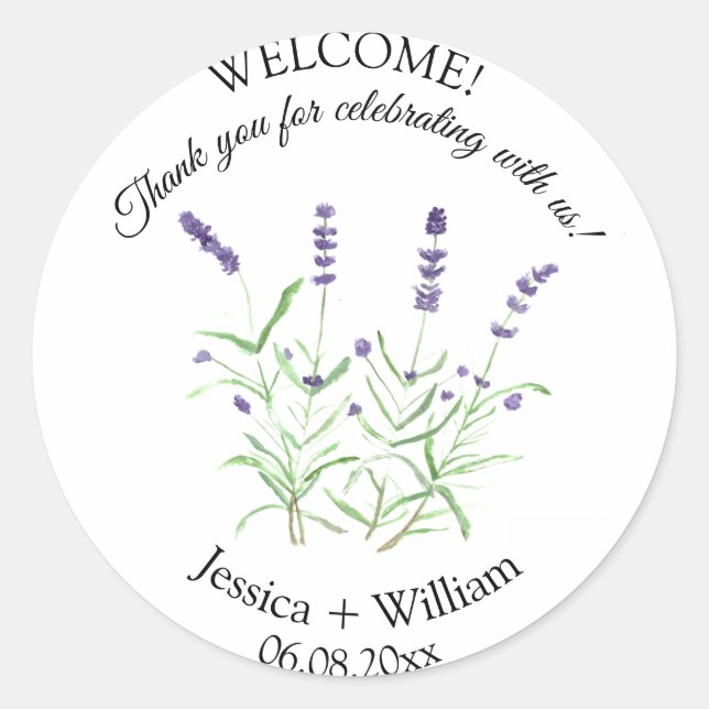 Pegatina Redonda Lavender acuarela Floral Boda moderno (Anverso)