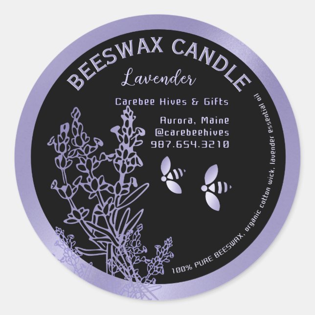 Pegatina Redonda Lavender Beeswax Candle Label con flores y abejas (Anverso)