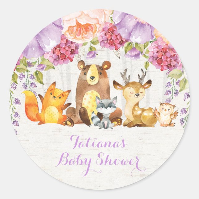 Pegatina Redonda Lavender Floral Woodland Baby Animales Gracias (Anverso)