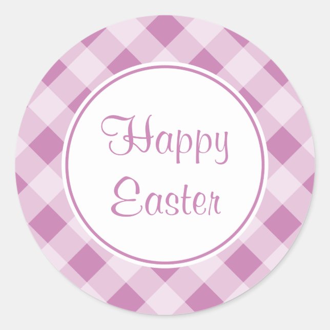 Pegatina Redonda Lavender Happy Easter Gingham Stickers (Anverso)