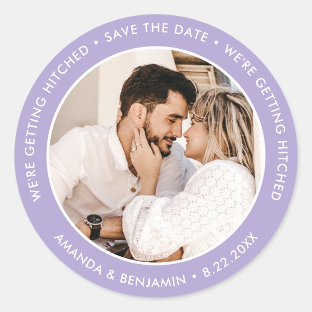 Pegatina Redonda Lavender Modern Boda Photo Save the Date (Anverso)