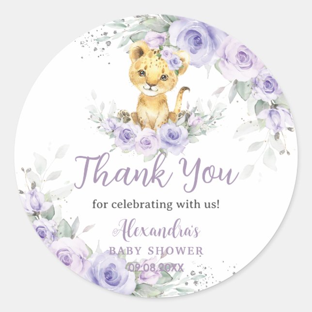Pegatina Redonda Lavender Purple Floral Lion Cub Baby Shower (Anverso)