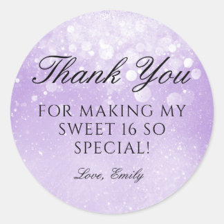 Pegatina Redonda Lavender Purple Sparkle Sweet 16 Gracias