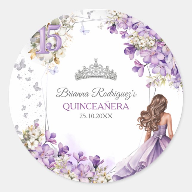 Pegatina Redonda Lavender Silver Tiara Floral Butterfly Quinceañera (Anverso)