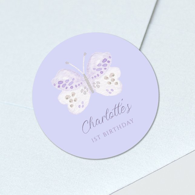 Pegatina Redonda Lavender Watercolor Butterfly 1st Birthday Party (Subido por el creador)
