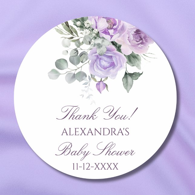 Pegatina Redonda Lavender Watercolor Floral Baby Shower Gracias (Subido por el creador)