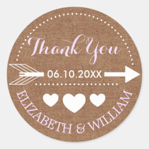 Pegatina Redonda Lavender y Faux Burlap Boda Gracias Arrow Heart
