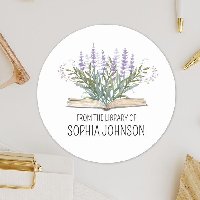Pegatina Redonda Lavenders on Book From the Library of Bookplate (Close up)