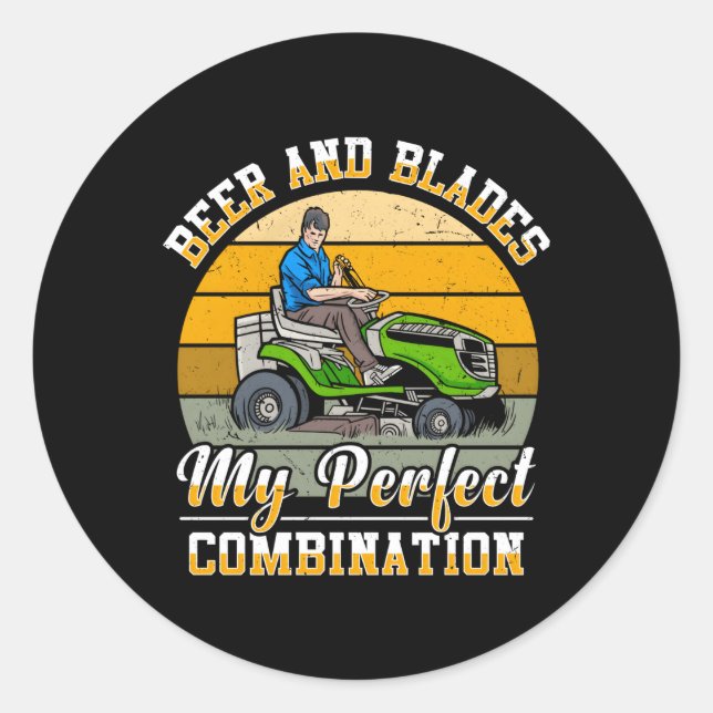 Pegatina Redonda Lawn Mowing Lawn Mower Gardener Gardening Beer (Anverso)