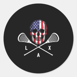 Pegatina Redonda Lax Skeleton Us Flag Lax Player Lacrosse