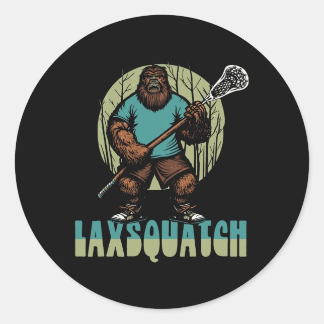 Pegatina Redonda ¡Laxsquatch! Bigfoot Lacrosse Player Funny Sasquat (Anverso)