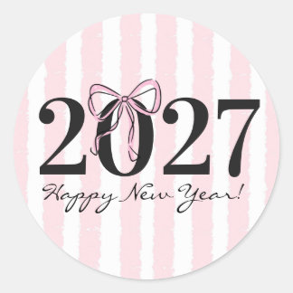 Pegatina Redonda Lazo a rayas rosa chic Cumpleaños Año Nuevo 2027 L