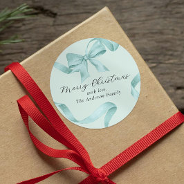 Pegatina Redonda Lazo azul verde Navidad feliz