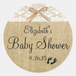 Pegatina Redonda Lazo blanco y el Baby Shower de Burlap