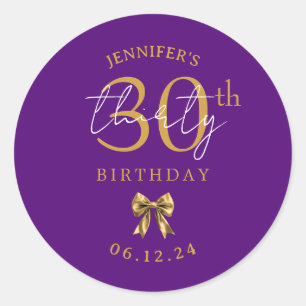 Pegatina Redonda Lazo Coqueta de Oro Elegante Cumpleaños 30 Morado