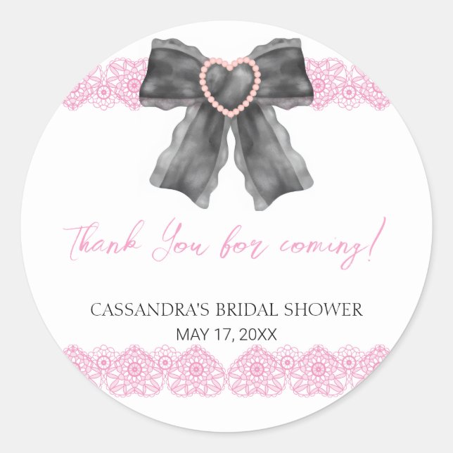 Pegatina Redonda Lazo Coqueto Negro Rosa Encaje Despedida de Solter (Anverso)