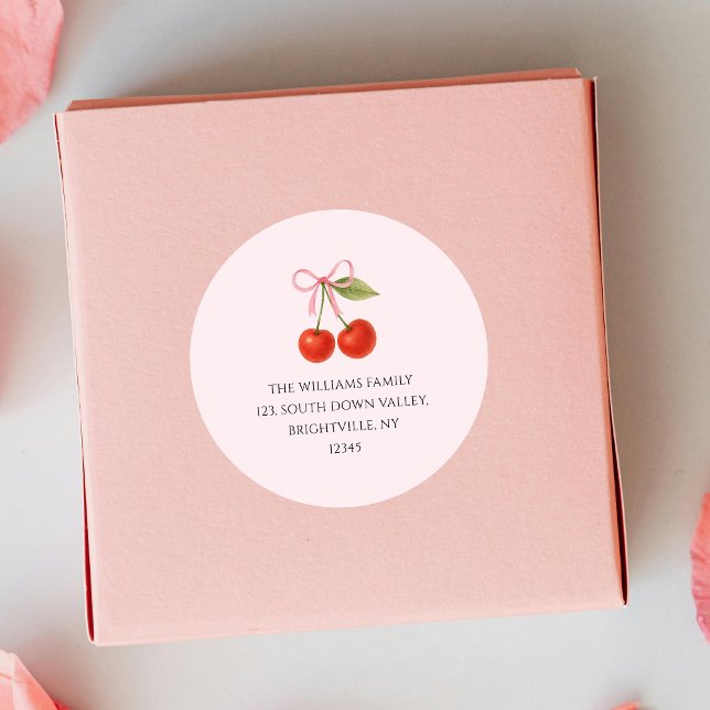 Pegatina Redonda Lazo de Cereza Bonito dirección de devolución Coqu (Cute Cherry Bow Coquette return address Classic Round Sticker)