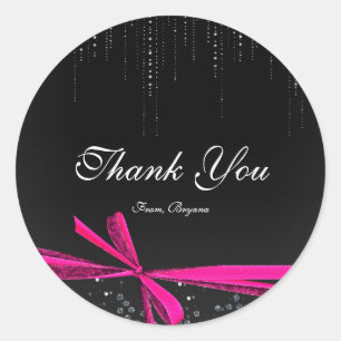 Pegatina Redonda Lazo de cinta rosa y negro con cristales y brillan