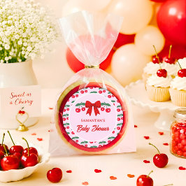 Pegatina Redonda Lazo de gingham rojo para baby shower de cereza
